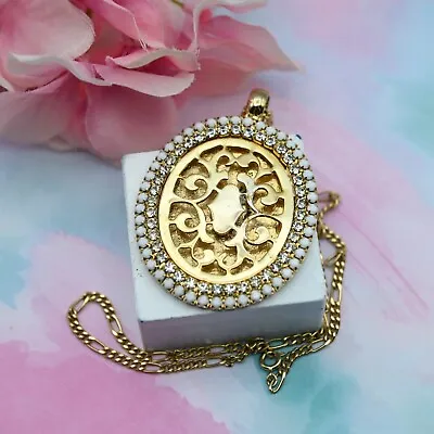 Buy Vintage Milk Glass Clear Rhinestone Shadowbox Pendant 18  Gold Plated Necklace • 23.66£