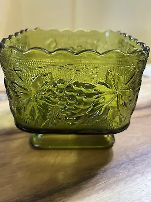 Buy Vintage INDIANA FOOTED SQUARE GREEN  GLASS BOWL WITH HARVEST GRAPES AND LEAVES • 11.33£