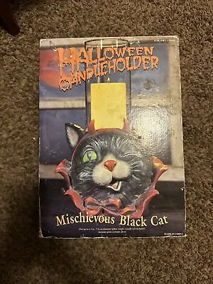 Buy Vintage Halloween Mischievous Black Cat Devil Horns Candle Holder Centerpiece • 67.13£