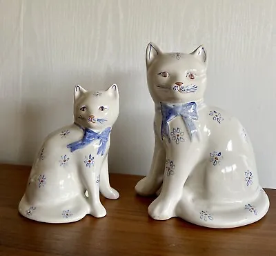Buy VINTAGE PAIR OF RYE POTTERY BLUE AND WHITE LUCKY CATS 7.5  & 5.5  Tall Perfect • 15£