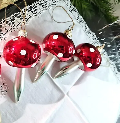 Buy Glass Toadstool Mushroom Ornaments Set 3pc, Vintage Christmas Tree Holiday Decor • 39.90£