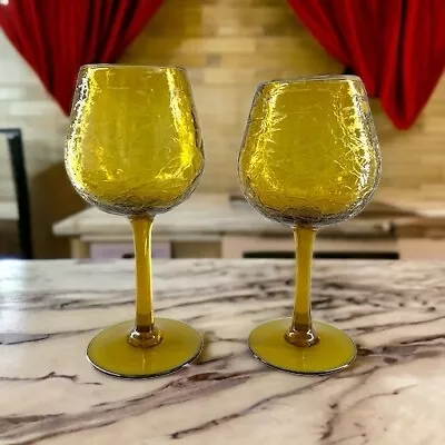 Buy Vintage Pair (2) Light Amber Crackle Hand Blown Art Glass Wine Goblets 7 In. • 14.22£