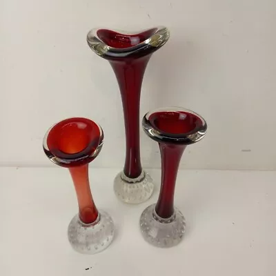 Buy Vintage Red Glass Vases X3 Swedish Art Bud Controlled Bubble -WRDC • 7.99£