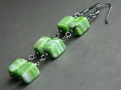 Buy Art Deco Green Striped Cubed Glass Beads & Oxidised 925 Sterling Silver Earrings • 10.99£