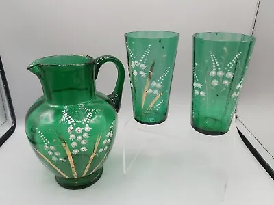 Buy Antique Victorian Mary Gregory Green Glass Water Jug & Tumblers With Decoration • 30£