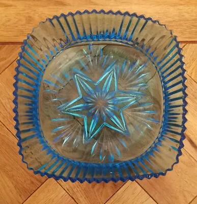 Buy Vintage Blue Pressed Glass Sweet Dish / Small Bowl  Square With Frilled Edges. • 8.80£