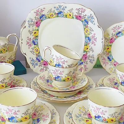 Buy Crown Staffordshire 21 Piece Pastel Tea Set, Handpainted Flowers, Lemon Yellow • 109.99£