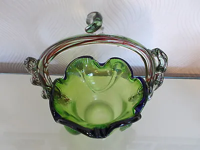 Buy A Beautiful Green & Clear Coloured  Art Glass  Basket Sculpture   • 3.95£