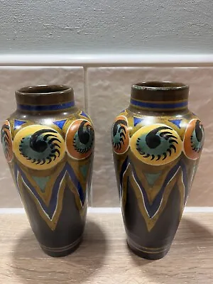 Buy PAIR OF GOUDA HOLLAND ART POTTERY VASES - 7.25 Inches High - 1 WITH DAMAGE • 35£