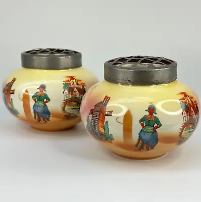 Buy Vintage Matching Pair Of Dutch Design Ceramic Flower Vases With Metal Tops • 6£