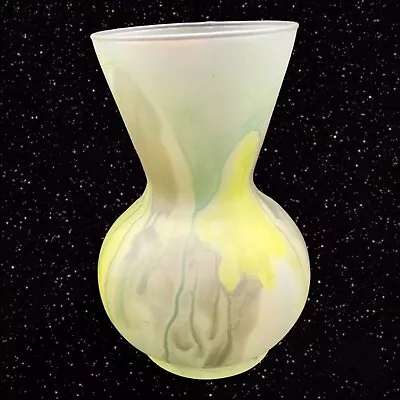 Buy Vtg Hand Painted Watercolor Satin Glass Vase Art Nouveau Oil Spot Green 5”T • 43.79£