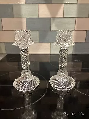 Buy Pair Of Vintage Clear Glass Matching Candlesticks 19cm Tall 9cm Diam Gorgeous  • 16.50£