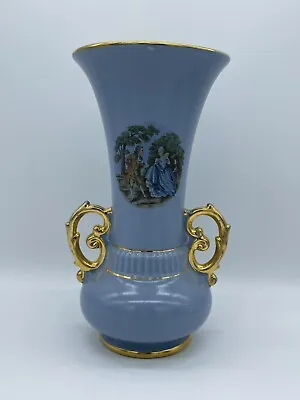 Buy Vintage French Style Abingdon USA Pottery Vase 520 W/ Couple Blue Gold Handles • 17.33£