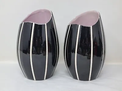 Buy Pair Eastgate Pottery Ceramic Vases Mid Century C.1960s Black Pink White Stripe • 29.99£