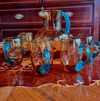 Buy Jug Pitcher Vintage George Sand Portieux Turquoise Glass Cups Glasses Punch Set • 150£