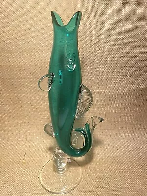 Buy Art Glass Fish Vase Tall Emerald Green Home Decor Retro • 18.99£
