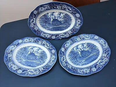 Buy X3 LIBERTY BLUE Staffordshire Ironstone GOVERNOR'S HOUSE Blue & White 12   Oval  • 15.50£