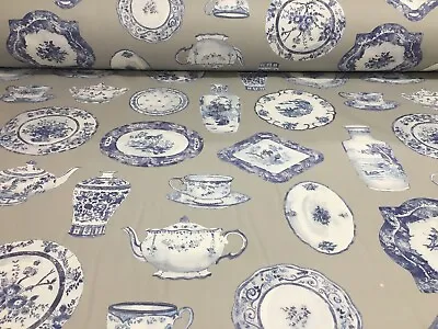 Buy Delft Pottery Fabric Blue Grey Percale Cotton 280cm Double Width Curtain Blind • 22.50£