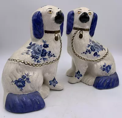 Buy Antique Pair Of Victorian Blue And White Staffordshire Mantle Wally Dogs Rare • 149.99£