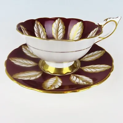 Buy Royal Stafford England Teacup & Saucer Leaf Pattern 8665 Burgundy Gold White • 47.98£