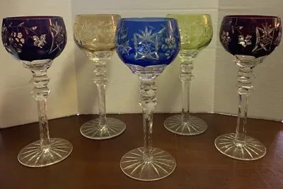 Buy Set Of 5 Czech Hock Crystal Long Stem Wine Goblets, Vintage Etched Glasses • 131.36£