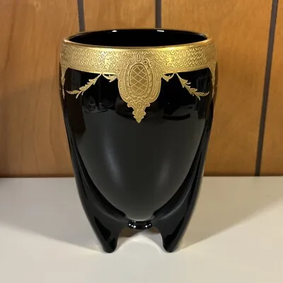 Buy 1930s Duncan Miller Art Deco Black Amethyst Ebony Glass Gold Overlay Rocket Vase • 336.17£