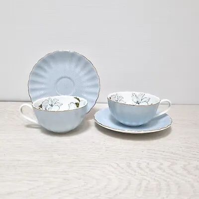 Buy English Fine Bone China Set Of Two Teacups & Saucers Blue Floral VGC  • 30.93£