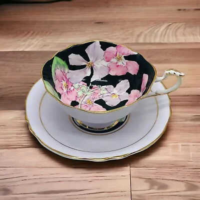 Buy Paragon Teacup And Saucer Pink Rose On Black Hand Painted Double Warrant Tea Cup • 219.11£
