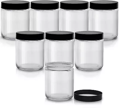 Buy Belle Vous Clear Round Glass Storage Jars With Black Plastic Lids (8 Pack) 240ml • 23.49£