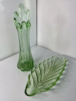 Buy Art Deco Style Vintage Green Glass Leaf Dish & Complimenting Vase • 25£