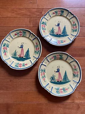 Buy 3 Antique HB Quimper Soleil Yellow Round Scalloped Plates W/ Breton Woman, 8.5  • 74£