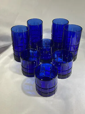 Buy Vintage Libbey Cobalt Blue Glasses (8) 4 Tumblers & 4 Juice Geometric Pattern • 37.99£