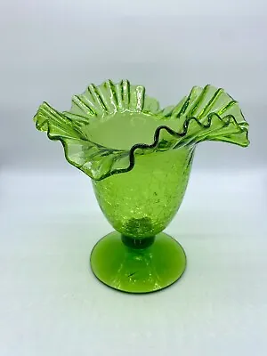 Buy Vintage Blenko Art Glass Crimped Edge Green Crackle Vase • 55.98£