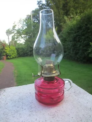 Buy Victorian Cranberry Cut Glass Finger Oil Lamp And Chimney- Small Chip • 59.99£