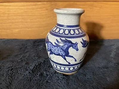 Buy Antique Vintage Hand Painted Stoneware Pottery Vase With Horses Artist Signed • 18.95£