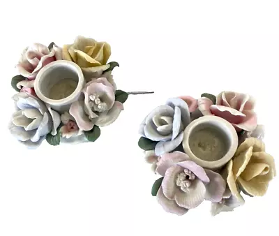 Buy Pair Of Capodimonte Style Italian Rose Ceramic Candle Holders • 9.99£