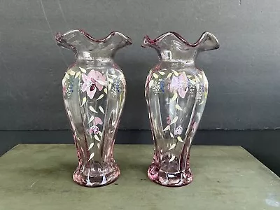 Buy FENTON-Style Pink Glass Floral Handpainted Paneled Ruffled Vases Set (of 2) • 52.85£