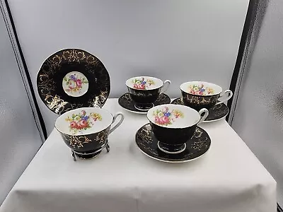 Buy Vintage Salisbury Fine Bone China Tea Set X 4 Black & Gold Afternoon Tea Floral  • 19.99£