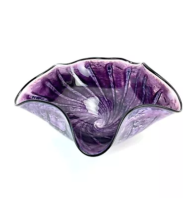 Buy Robert Eickholt Studio Art Glass Large 12  Purple Swirl Ruffled Bowl W Lip Signd • 374.75£