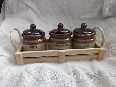 Buy Vintage Set Of Brown And Tan Stoneware Preserve Jars In A Wooden Rack • 0.99£