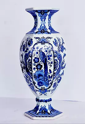 Buy DELFT BLUE & WHITE VASE PEACOCK DECOR EXCELLENT By BOCH ROYAL SPHINX HOLLAND • 93.78£