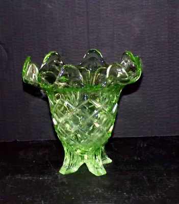 Buy Decorative Vintage Footed Green  Pressed  Glass Vase 16.5 Cm Frilled Top L@@K • 20£