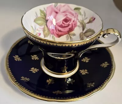 Buy Aynsley Tea Cup Saucer Vintage Cobalt Blue Pink Cabbage Rose Gold Fleur De Lis  • 192.10£