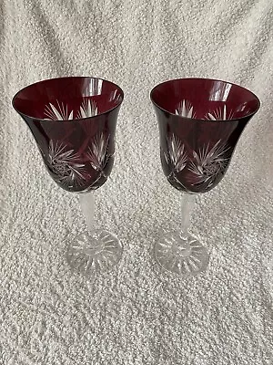 Buy Vintage Pair Of Bohemian Burgundy / Red Cut Crystal Wine Glasses. VGC Used. • 35£