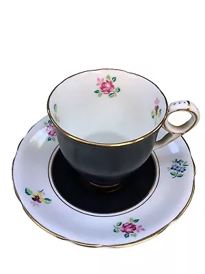 Buy Royal Stafford China Demitasse Cup & Saucer Black & White Floral Made In England • 14.36£