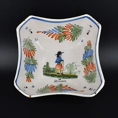 Buy Vintage H R Quimper French Faience Breton Man Square Floral Pottery Dish Bowl • 80.17£