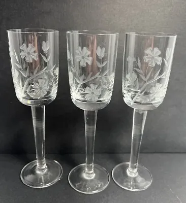 Buy Antique Etched Floral Crystal 3 Cordial Liqueur Glasses • 14.21£