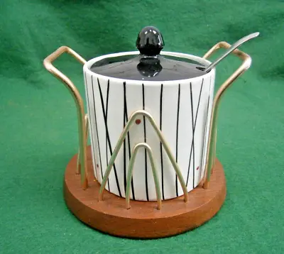 Buy Vintage 1950s Kirkham Atomic Design Pottery Preserve Pot & Wyncraft Teak Holder. • 8.99£