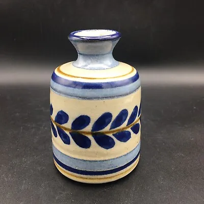 Buy Peeler Signed Stoneware Art Pottery 5  Glazed Vase Blue Brown Bands Leaf Design • 81.61£