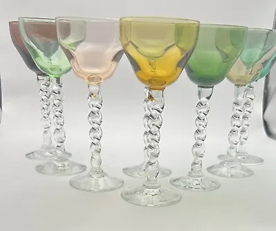 Buy 8, Bohemian Hand Blown, VTG, MCM Cordial Twisted Stem Glasses, Multicolored • 55.95£